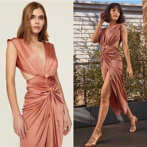 BAOBAB Blush Copper V-Neck Ruched Twist Front Open Back Bodycon Midi Mia Dress M